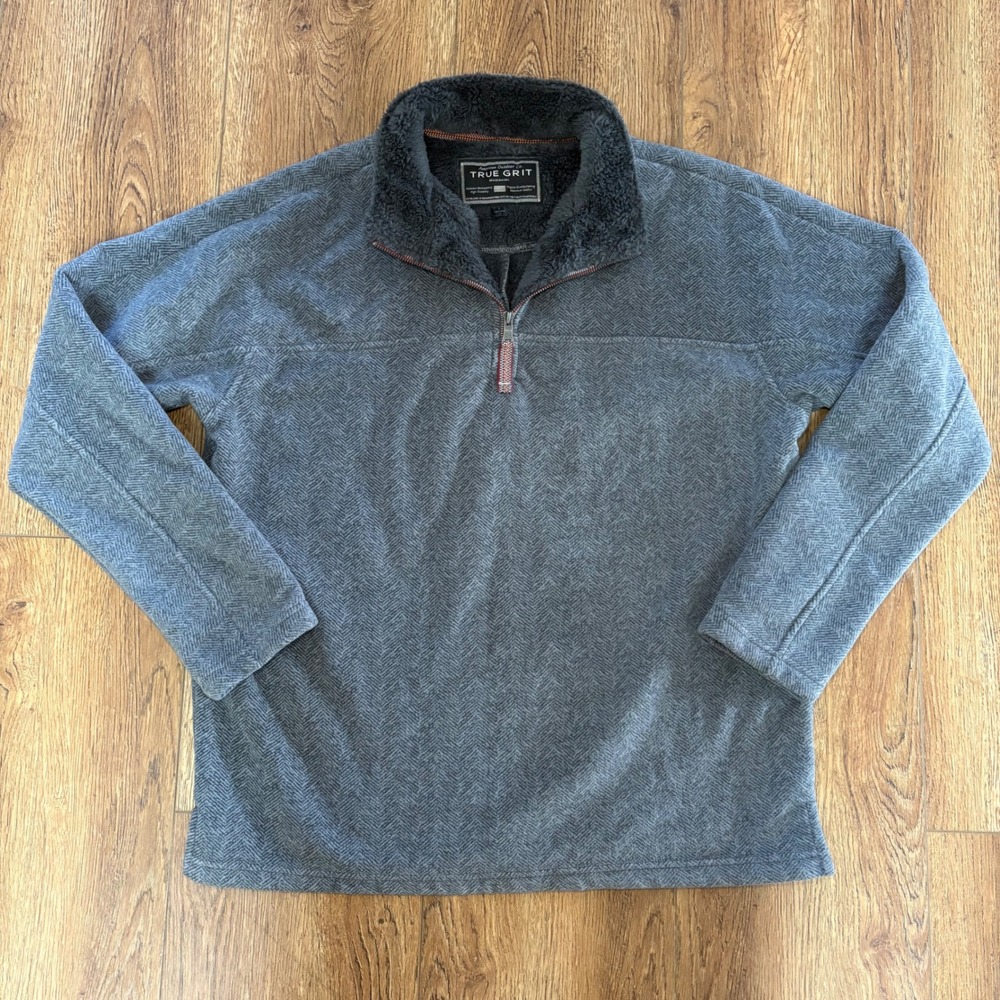 True Grit Mens Large Grey Herringbone Fleece Quarter Zip Pullover Sweater Cozy